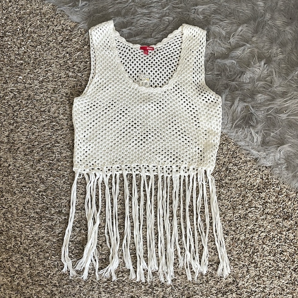 BONGO Ivory Coastal Crochet Tank with Fringe